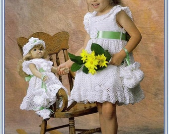 Dresses to Crochet for Dolly and Me by Delsie Rhoades size 2-6 18 inch doll pattern dress will fit American Girl doll, download through Etsy