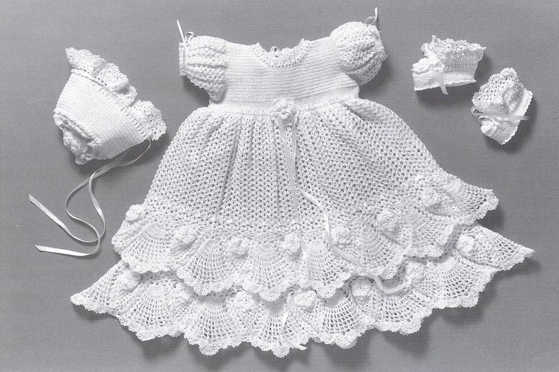 Crochet Christening Gown Outfit Baby dress blanket and booties pdf e pattern by Delsie Rhoades download through etsy image 3