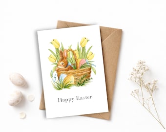 Biglietto di Pasqua con coniglietto ad acquerello e tulipani primaverili (PDF e JPG, formato A6, stampabile)