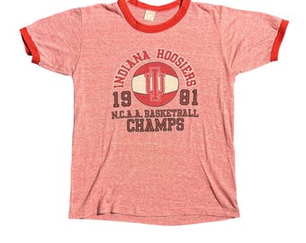 Vintage 1981 Indiana Hoosiers NCAA Basketball Champs Ringer Tee Red L Sportswear