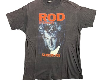 Vintage 1984 Rod Stewart Camouflage Tour T-Shirt Hanes Made in USA Black Large