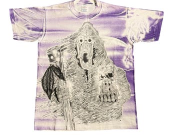 Vintage 90s Grim Reaper All Over Print T-Shirt Purple M/Large USA