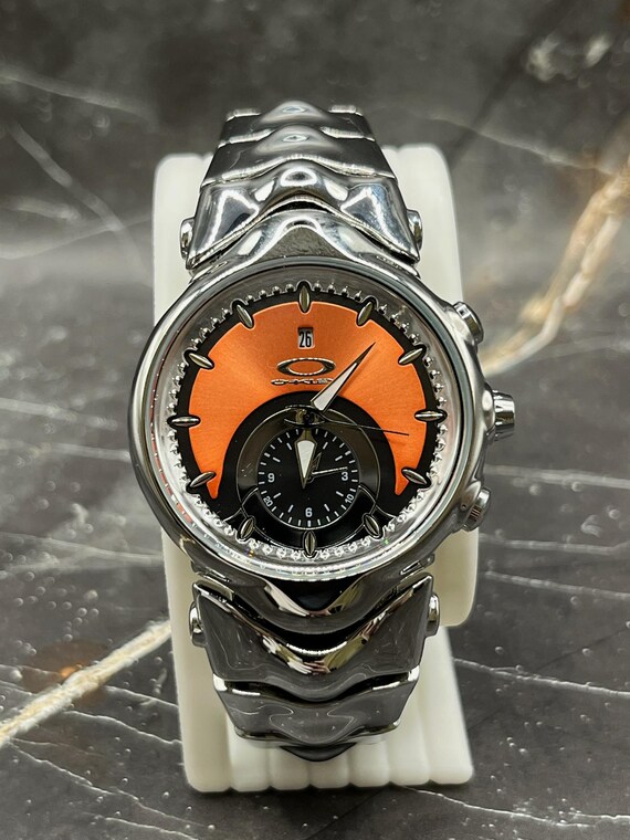 Futuristic Steel Watch – Oakley Inspired Y2K Cyberpunk Design, Orange Dial