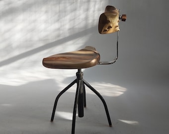 Hand-Carved Walnut Stool – Stool No.10 with Adjustable Industrial Base