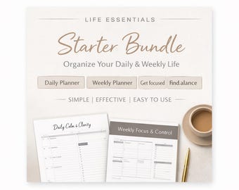 Daily Weekly Planner Pdf – Digital Printable Productivity Life Essentials Starter Bundle