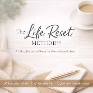 May include: A calming image with a notebook, pen, and coffee cup. The text reads "The Life Reset Method" with the tagline "A Calm, Structured Reset for Overwhelmed Lives." The product is described as printable, fillable, and a 90-day guided method.