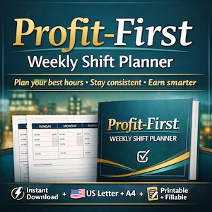 Puede incluir: Un libro y hojas de planificación "Profit-First Weekly Shift Planner" en color verde azulado y dorado. La portada presenta el título y una marca de verificación. También incluye el texto "Planifica tus mejores horas • Mantente constante • Gana más".