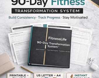 90-Day Fitness Transformation System, Workout Tracker, Habit Planner (Printable PDF)