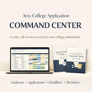 Puede incluir: Un portátil que muestra una hoja de cálculo, con el texto "Arts College Application Command Center". También se ven guías tituladas "Quick Start Guide" y "Command Center How-To Guide". La imagen promociona un sistema para las admisiones a la universidad de arte.
