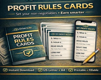 Gig Driver Profit Rules Cards | Printable Fillable PDF