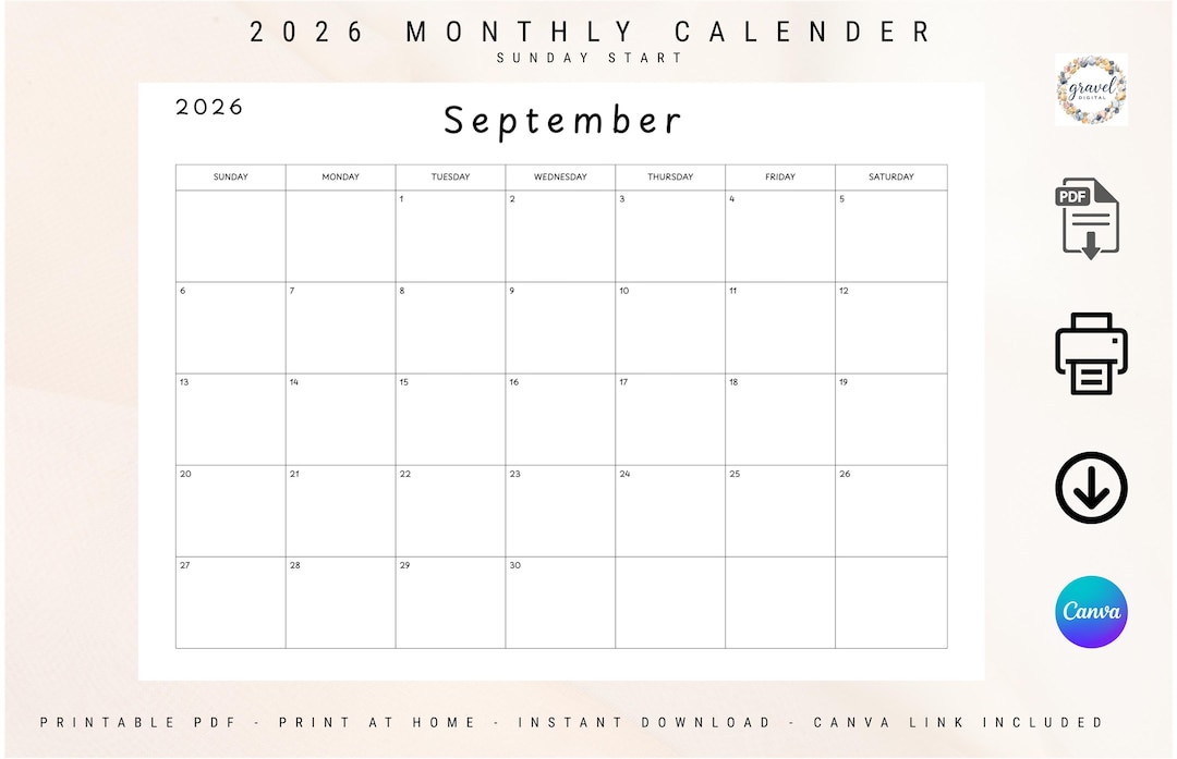 2026 Monthly Calendar Sunday Start | Simple Design | Printable PDF ...