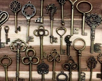 10/15/20/50/100 Victorian-Style Large Skeleton Key Pendant Antique Brass Tone Renaissance Prop Wedding Favor 1 7/16"~ 3 1/8"