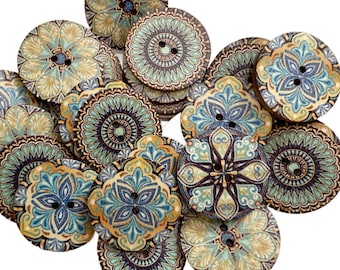 Botones redondos de madera con diseño de flores y enredaderas vintage azules, de 30 a 50 piezas, para costura, manualidades, de 15 a 25 mm (1 pulgada)