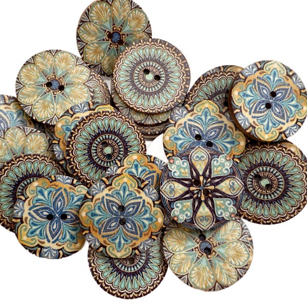 30/50PC Blue Vintage flower & Vine Round Wood Buttons Sewing Crafts 15mm ~ 25mm 1 Inch