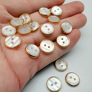 White Shell Buttons Flat Back Sew on Gold Edge Shirt Buttons 10mm 3/8"