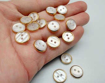 White Shell Buttons Flat Back Sew on Gold Edge Shirt Buttons 10mm 3/8"