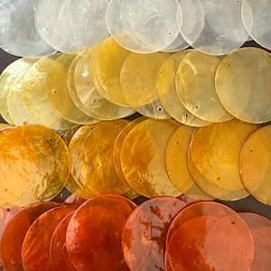 May include: A collection of circular, translucent shell discs arranged in rows by color gradient. The discs range from white and pale yellow to deep orange and reddish-brown. Each thin, flat disc features two small pre-drilled holes for attachment.