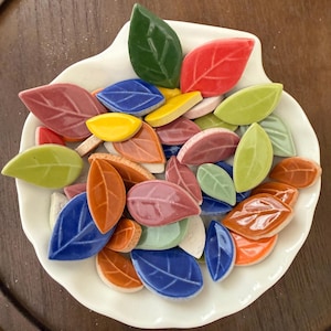 May include: A white, shell-shaped dish filled with colorful, ceramic leaf tiles. The leaves are in various shades of green, red, orange, blue, yellow, and pink. The tiles have a glossy finish and are arranged on a dark wooden surface.
