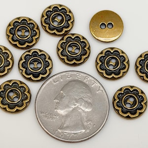 10 botones redondos de metal con forma de flor, color plata/bronce envejecido, planos, con 2 agujeros, 12 mm (1/2").