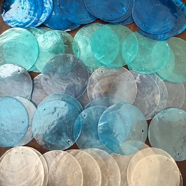 52PC Blue Mixed Natural Capiz Sea Shells Round Windchime Charms 2"