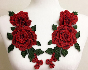 1 par de apliques bordados de rosas para costurar.