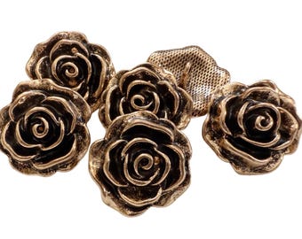6PC Antiqued Gold Flower Rose Shank Metal Buttons 15mm 19mm 23mm