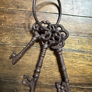 May include: A set of three antique-style keys made of dark brown metal. The keys are intricately designed with ornate details and are attached to a large circular ring. The keys are arranged on a wooden surface.