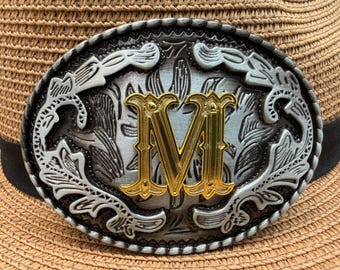 Antiqued Silver Gold Initial M Letter Oval Western Cowboy Floral & Vine Belt Buckle