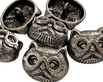 6PC Antiqued Silver Vintage Rhinestone Eyes Cat Shank Metal Buttons 18mm 23mm