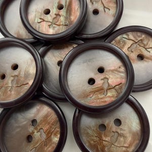 May include: A selection of round buttons with a dark brown rim. The button centres have a pearlescent sheen with a bird and branch design. Each button has two holes for sewing.