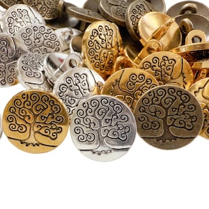 May include: A collection of metal buttons in various finishes, including silver, gold, and bronze. The buttons feature intricate embossed designs, including swirling patterns and a tree of life motif. Some buttons have a loop for sewing.