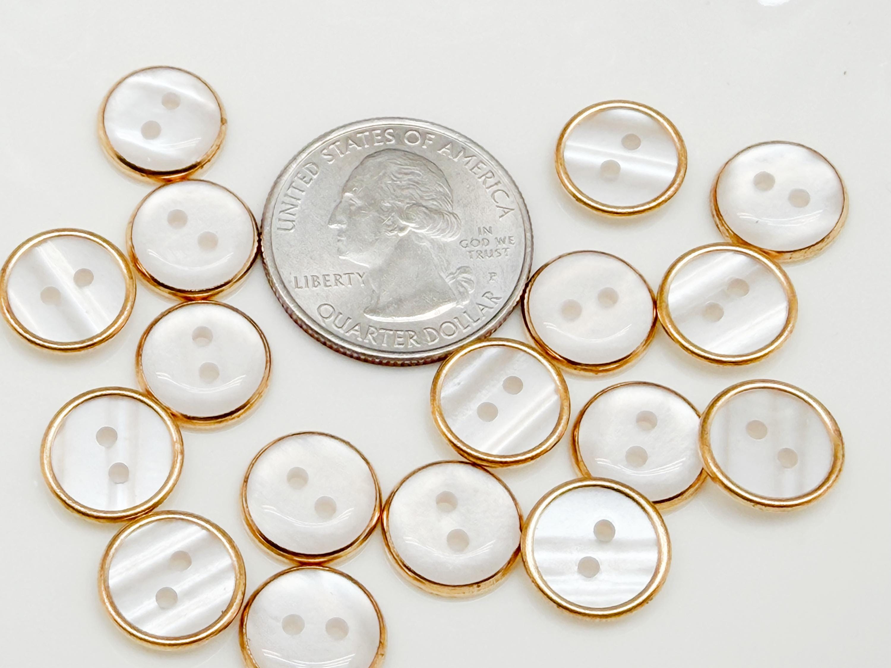 White Shell Buttons Flat Back Sew on Gold Edge Shirt Buttons 10mm 3/8 ...