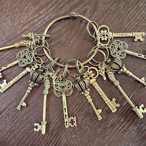 Può includere: Una collezione di chiavi in stile antico in vari design, tra cui corone ornate e motivi a filigrana, sono attaccate a un grande anello di metallo. Le chiavi sono in metallo color bronzo e sono disposte in modo circolare.
