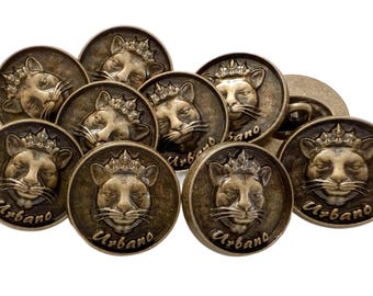 10PC Antiqued Bronze Cat Queen Urbano Metal Buttons with Shank 17mm