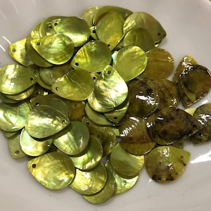 May include: A collection of teardrop-shaped mother-of-pearl shell charms in shades of lime green and olive. Each piece features a smooth, iridescent finish and a single pre-drilled hole at the top for attachment, showcasing natural variations in color.