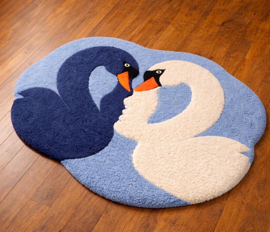Hand Tufted Wool Swan Love Rug, Romantic Blue White Carpet, Artistic ...