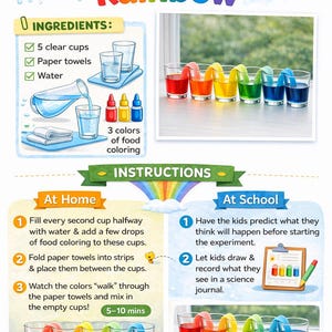May include: An educational infographic titled Walking Water Rainbow featuring instructions for a science experiment. It displays clear cups, paper towels, water, and food coloring, showing how colored water travels through paper towels to mix colors.