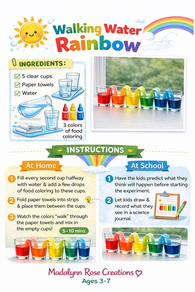 May include: An educational infographic titled Walking Water Rainbow featuring instructions for a science experiment. It displays clear cups, paper towels, water, and food coloring, showing how colored water travels through paper towels to mix colors.