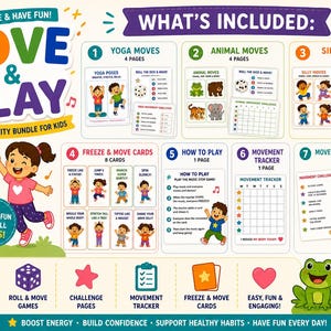 May include: A colorful movement activity bundle for kids, featuring the text "Move & Play." Includes yoga, animal, and silly moves, freeze cards, a movement tracker, and challenge pages. The bundle promotes indoor fun for all ages.