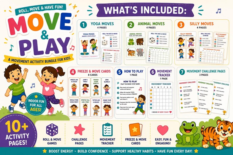 May include: A colorful movement activity bundle for kids, featuring the text "Move & Play." Includes yoga, animal, and silly moves, freeze cards, a movement tracker, and challenge pages. The bundle promotes indoor fun for all ages.