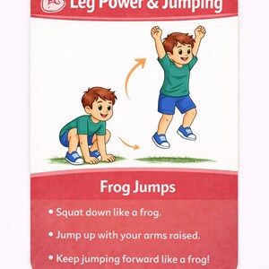Pu&ograve; includere: Una carta colorata con il testo "Leg Power & Jumping" e "Frog Jumps". Presenta illustrazioni di un bambino che esegue salti della rana. Le istruzioni includono accovacciarsi, saltare con le braccia alzate e saltare in avanti. La carta &egrave; progettata per l'esercizio.