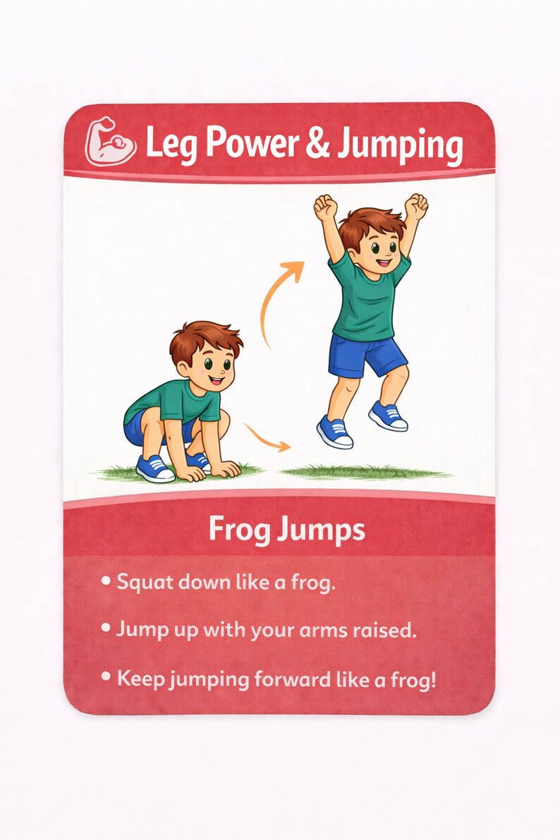 Pu&ograve; includere: Una carta colorata con il testo "Leg Power & Jumping" e "Frog Jumps". Presenta illustrazioni di un bambino che esegue salti della rana. Le istruzioni includono accovacciarsi, saltare con le braccia alzate e saltare in avanti. La carta &egrave; progettata per l'esercizio.