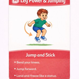 Pu&ograve; includere: Una carta colorata con il testo "Leg Power & Jumping" in alto. Un'illustrazione di un bambino che salta &egrave; al centro. Sotto, la carta recita "Jump and Stick" con punti elenco: Piega le ginocchia, Salta in avanti e Congela come una statua.