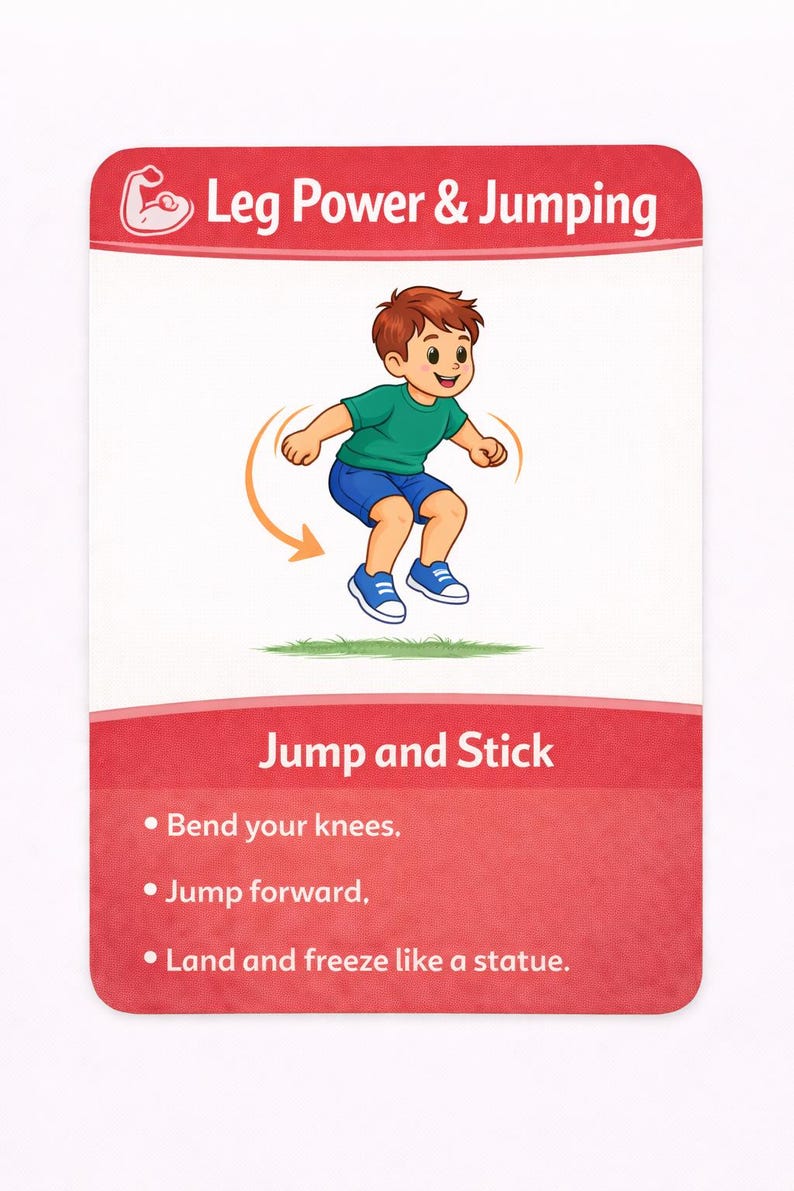 Pu&ograve; includere: Una carta colorata con il testo "Leg Power & Jumping" in alto. Un'illustrazione di un bambino che salta &egrave; al centro. Sotto, la carta recita "Jump and Stick" con punti elenco: Piega le ginocchia, Salta in avanti e Congela come una statua.