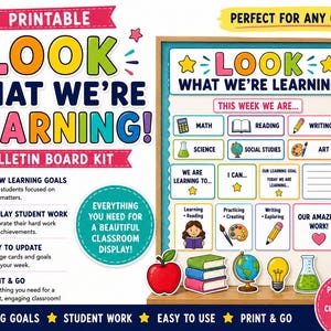 Könnte beinhalten: Ein druckbares Pinnwand-Set mit dem Text LOOK WHAT WE'RE LEARNING! Das Set enthält bunte Karten für Fächer wie Mathe, Lesen, Schreiben, Naturwissenschaften, Sozialkunde und Kunst sowie dekorative Ausschnitte eines Apfels, von Büchern, eines Globus, einer Glühbirne und eines Becherglases.