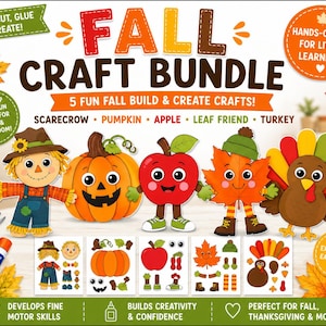 May include: A fall craft bundle featuring five buildable characters: a scarecrow, pumpkin, apple, leaf friend, and turkey. The image displays finished examples and individual cut-out pieces for each project, with text reading FALL CRAFT BUNDLE.