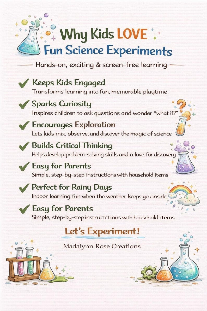 May include: An informational flyer titled Why Kids LOVE Fun Science Experiments, featuring a list of benefits with green checkmarks, illustrations of colorful beakers, test tubes, a rainbow, and the text Let's Experiment and Madalynn Rose Creations.