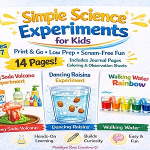 Simple Science Experiments Printable | STEM Activity Bundle | Preschool Kindergarten Homeschool | Volcano Dancing Raisins Walking Water