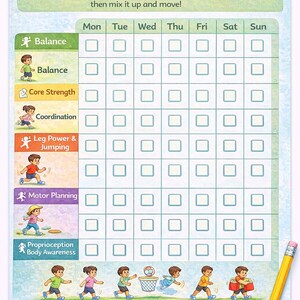 Pu&ograve; includere: Un grafico di monitoraggio dei movimenti colorato con illustrazioni di bambini che svolgono varie attivit&agrave;. Il grafico include sezioni per l'equilibrio, la forza del core, la coordinazione e altro ancora. Una matita gialla &egrave; appoggiata sul lato destro del grafico.