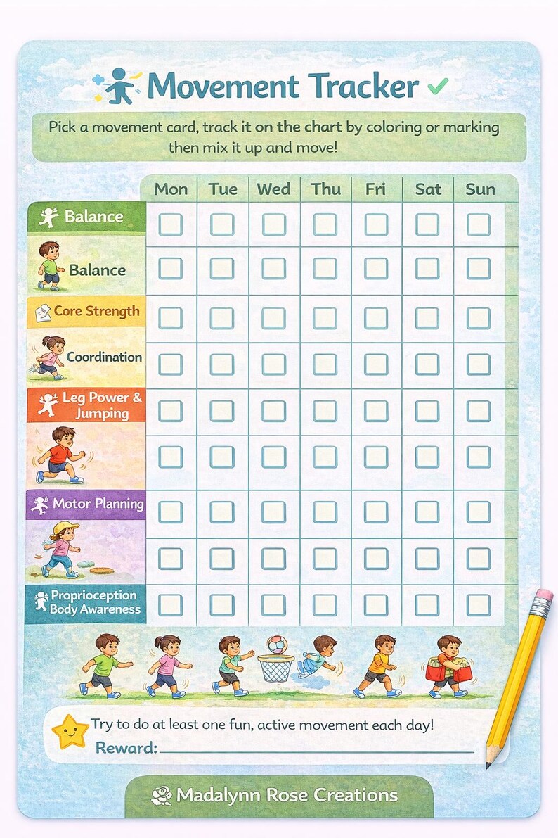 Pu&ograve; includere: Un grafico di monitoraggio dei movimenti colorato con illustrazioni di bambini che svolgono varie attivit&agrave;. Il grafico include sezioni per l'equilibrio, la forza del core, la coordinazione e altro ancora. Una matita gialla &egrave; appoggiata sul lato destro del grafico.